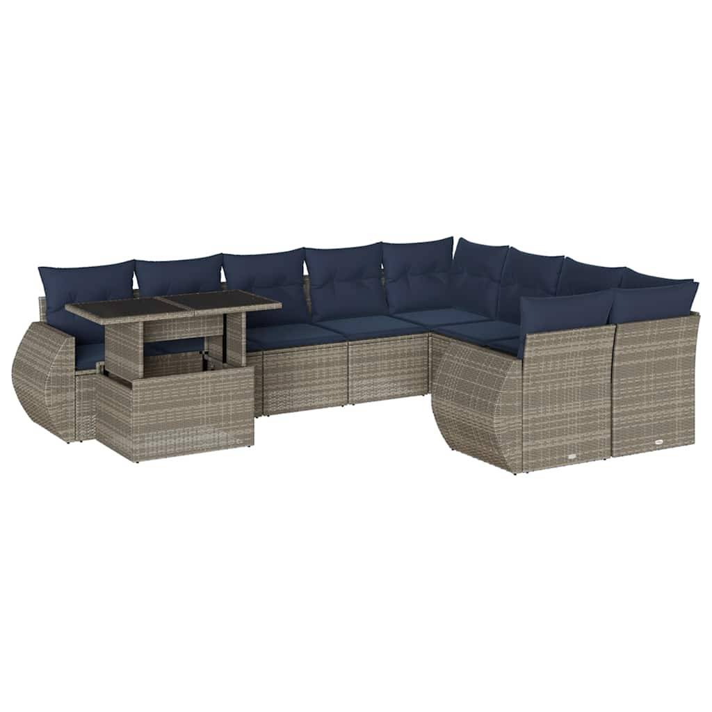vidaXL 10-teiliges Gartensofa-Set mit Kissen, grau, Polyrattan