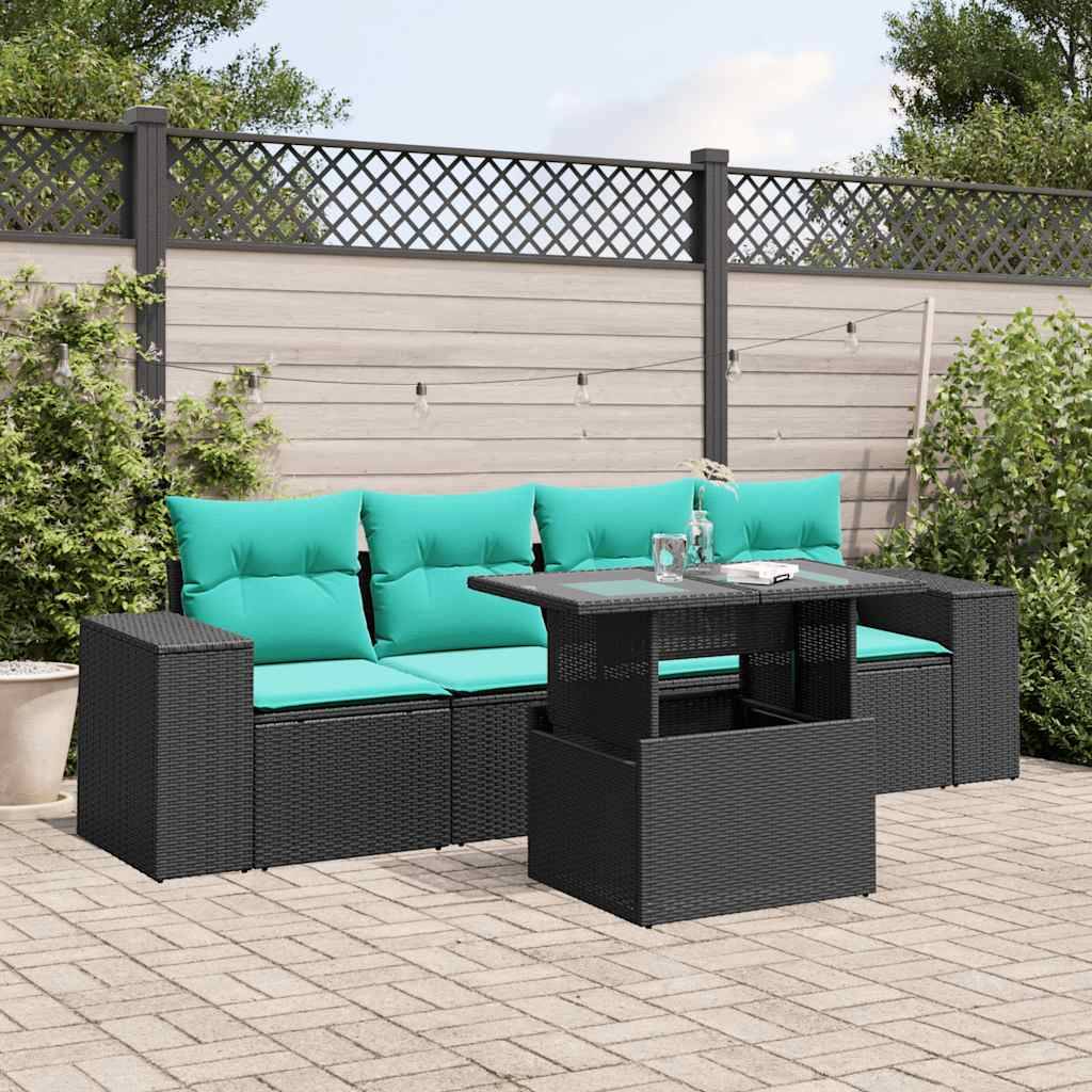 vidaXL 5-teiliges Gartensofa-Set mit Kissen, schwarzes Polyrattan