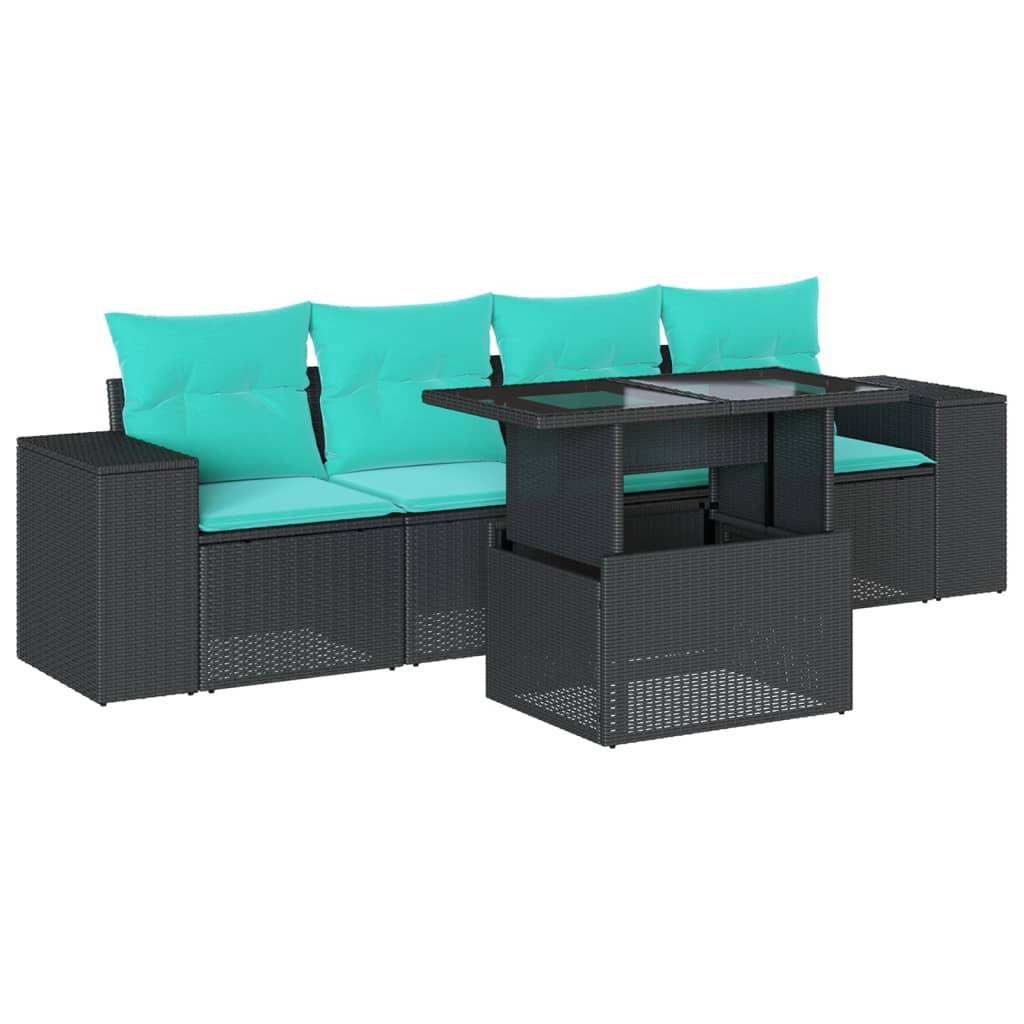 vidaXL 5-teiliges Gartensofa-Set mit Kissen, schwarzes Polyrattan