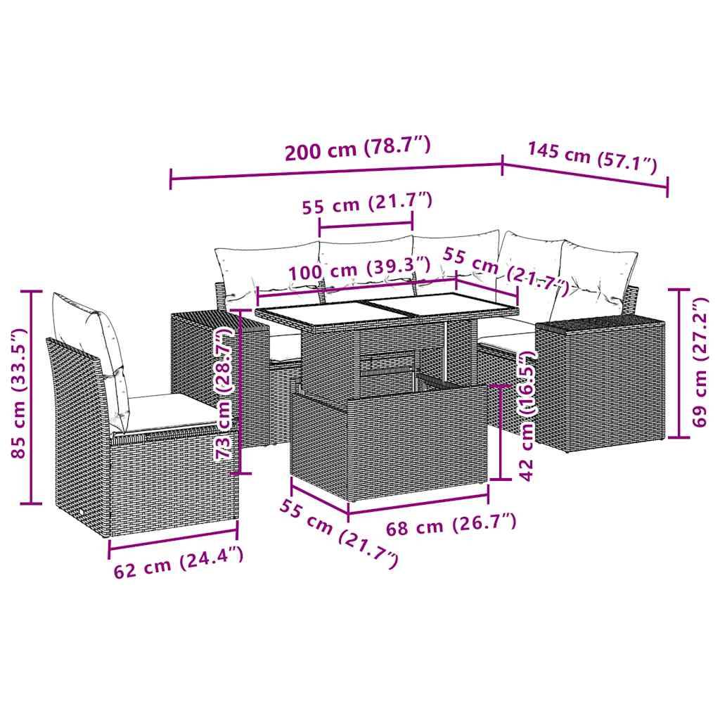 vidaXL 6-teiliges Gartensofa-Set mit Kissen, braun, Polyrattan