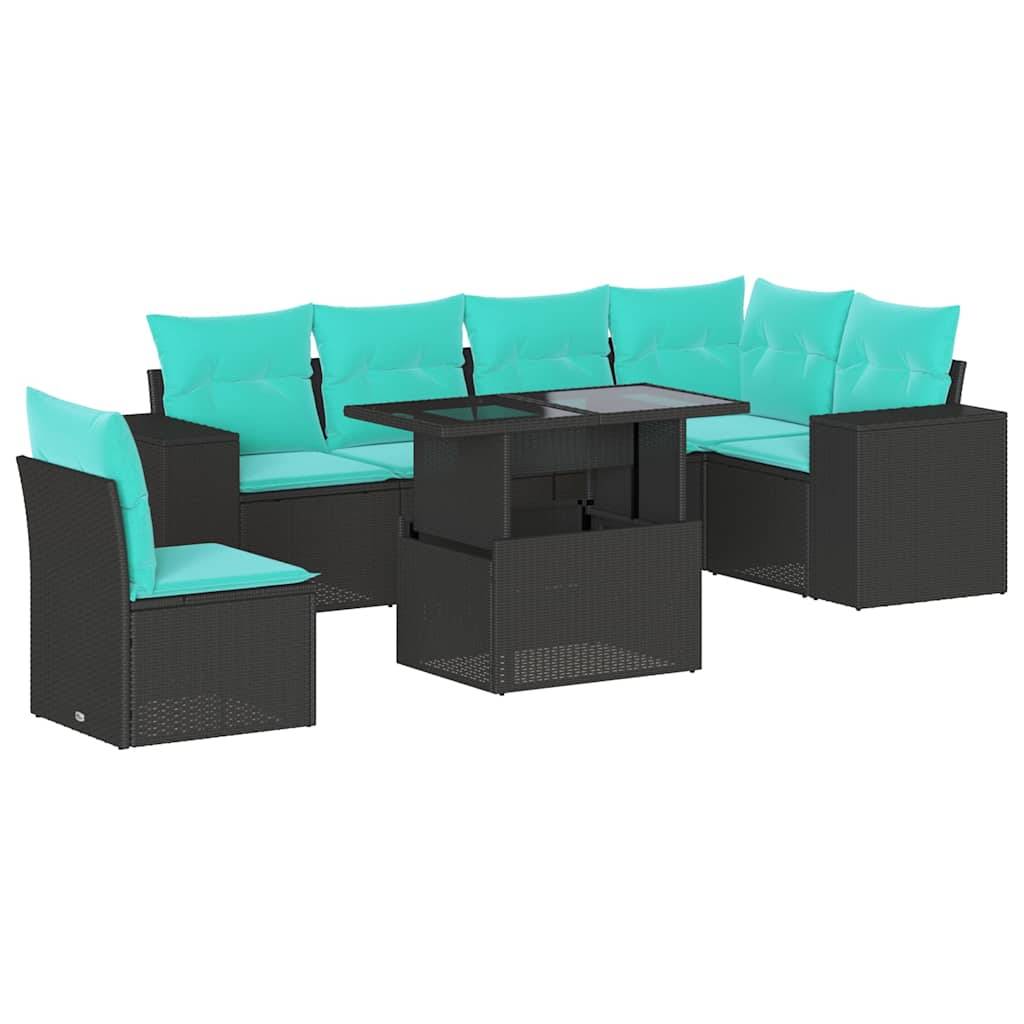 vidaXL 7-teiliges Gartensofa-Set mit Kissen, schwarzes Polyrattan