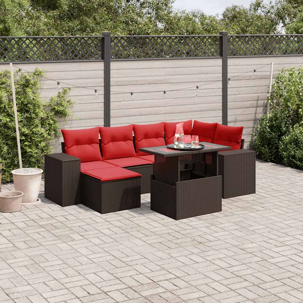 vidaXL 7-teiliges Gartensofa-Set mit Kissen, braun, Polyrattan