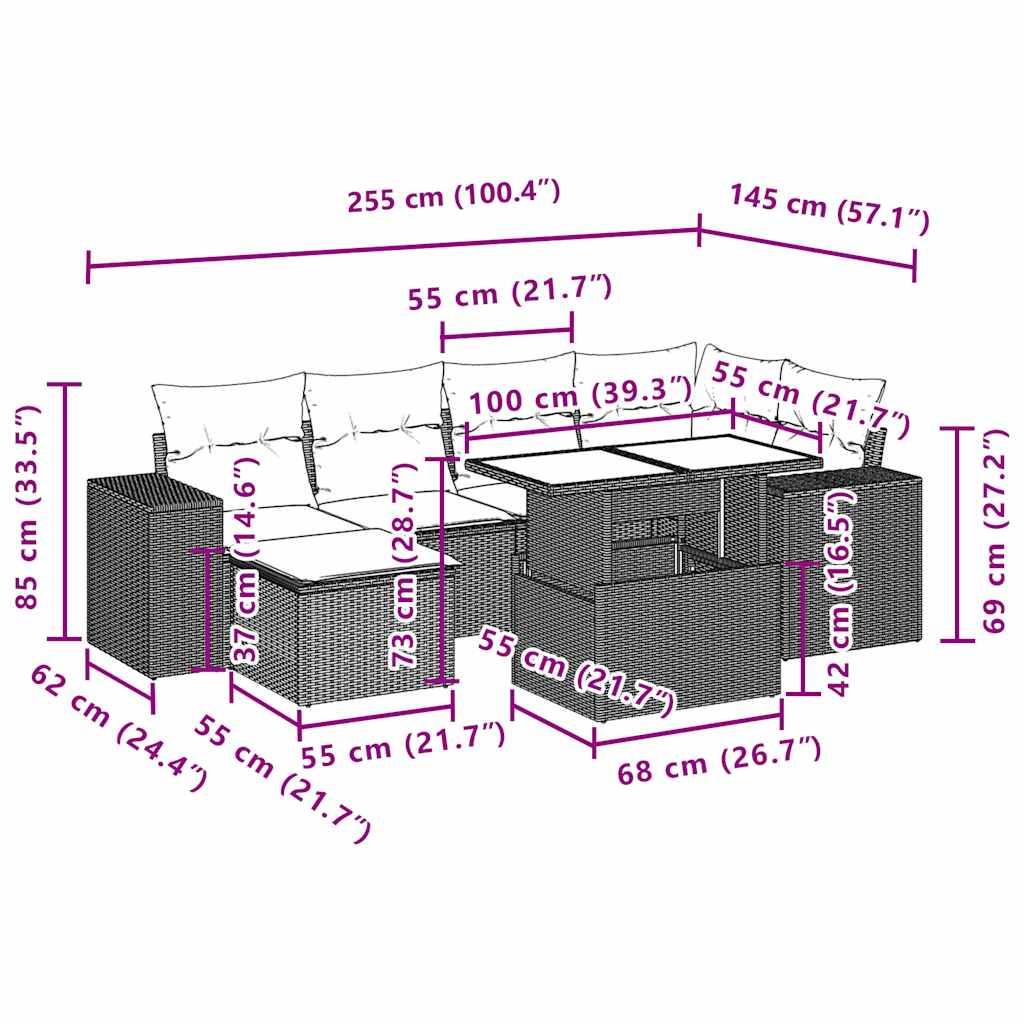 vidaXL 7-teiliges Gartensofa-Set mit Kissen, braun, Polyrattan