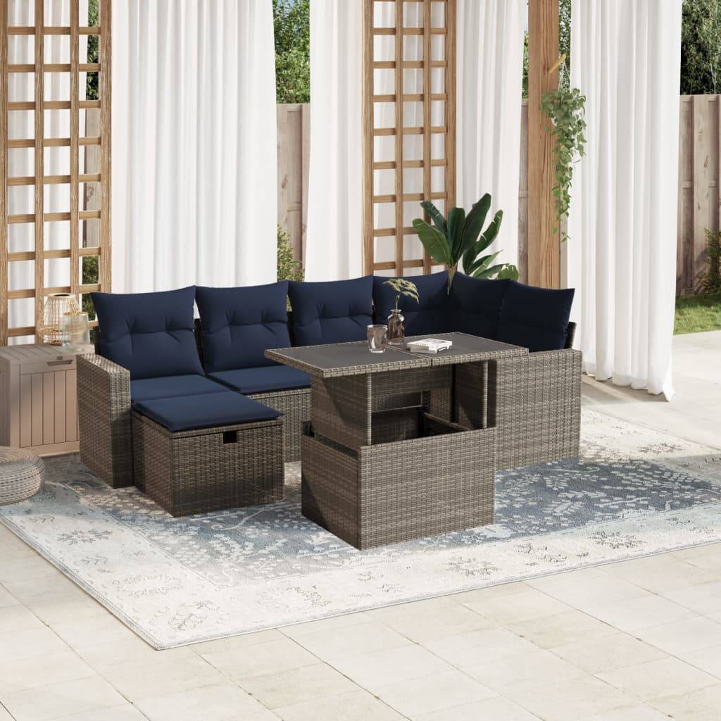 vidaXL 7-teiliges Gartensofa-Set mit Kissen, grau, Polyrattan