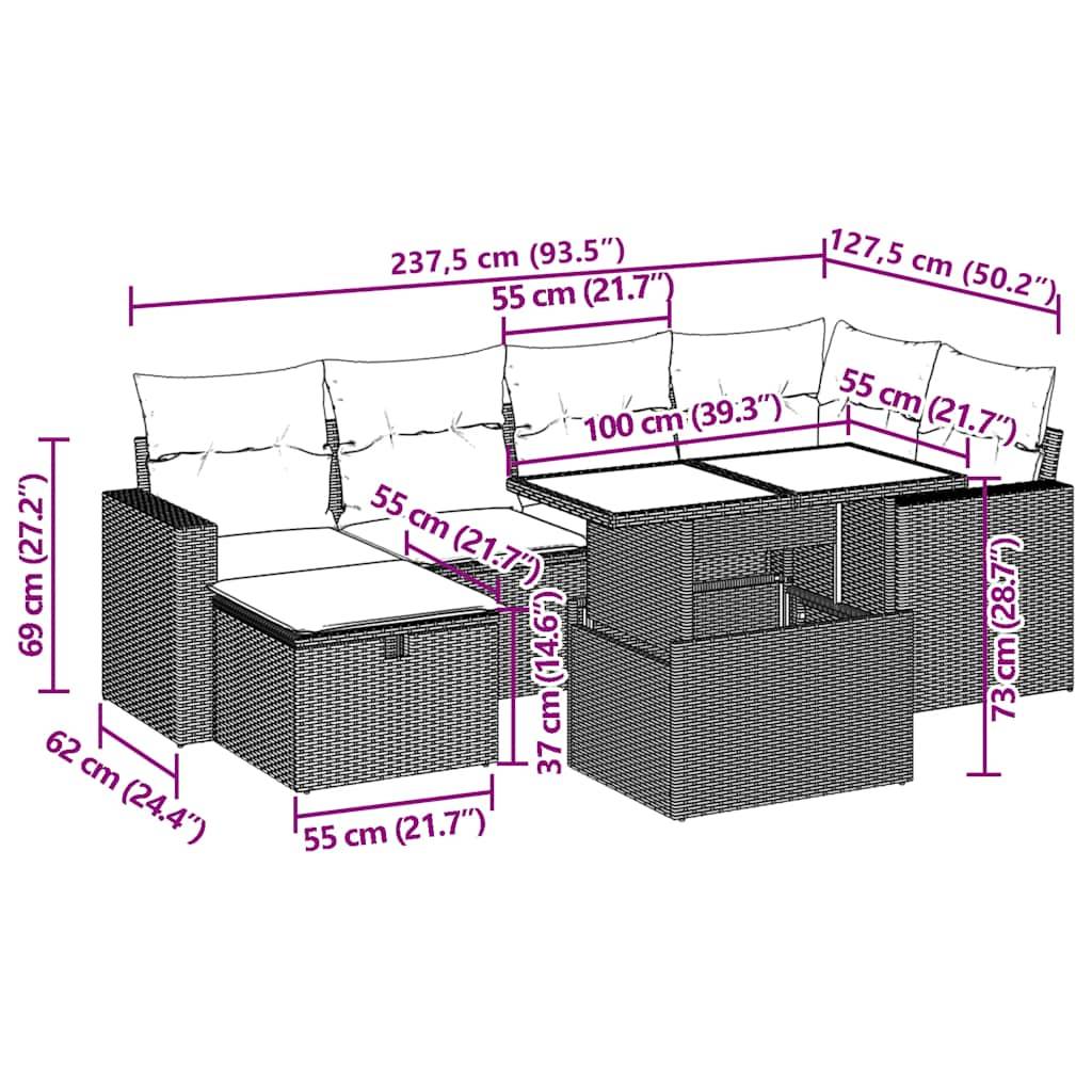 vidaXL 7-teiliges Gartensofa-Set mit Kissen, grau, Polyrattan