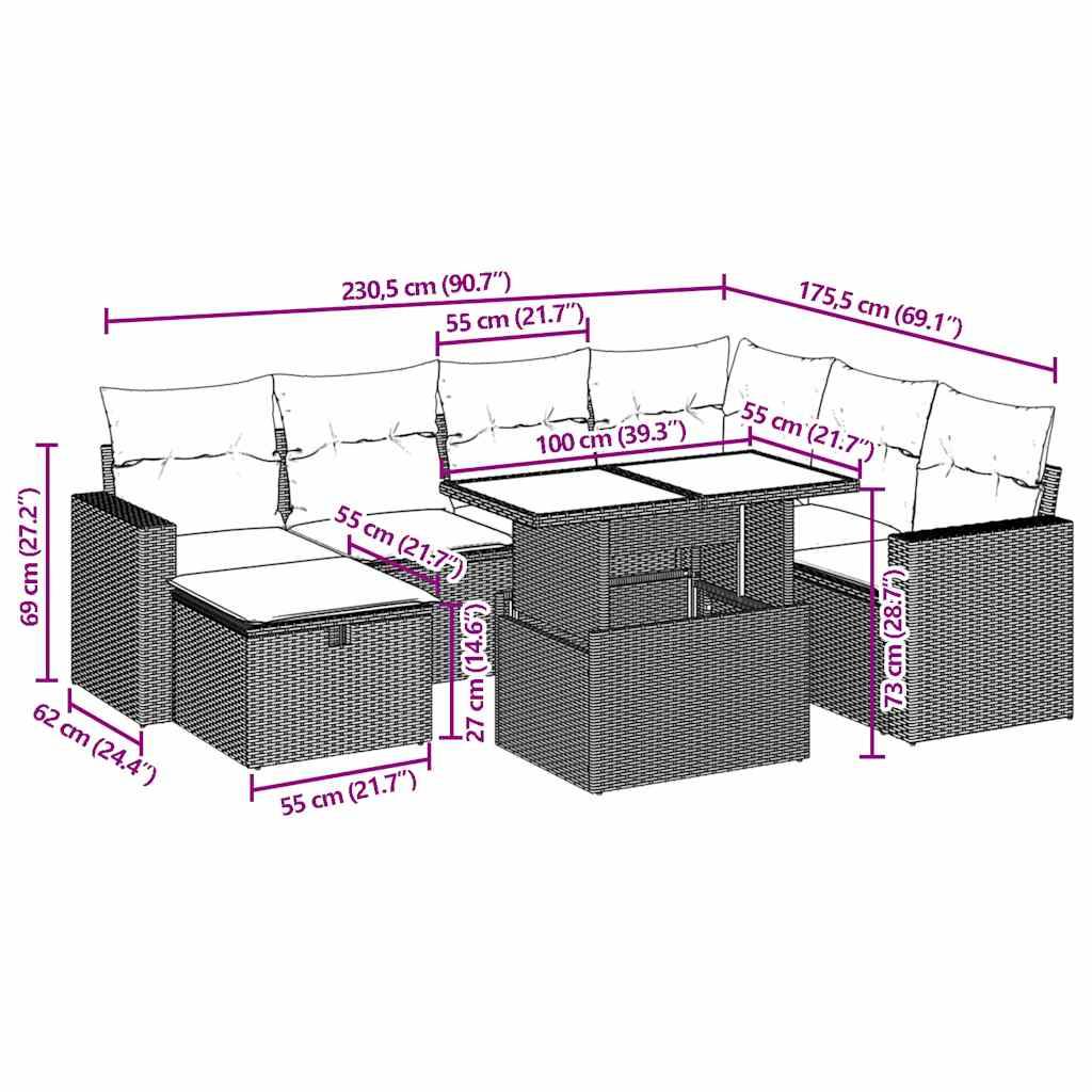 vidaXL 8-teiliges Gartensofa-Set mit Kissen, schwarzes Polyrattan