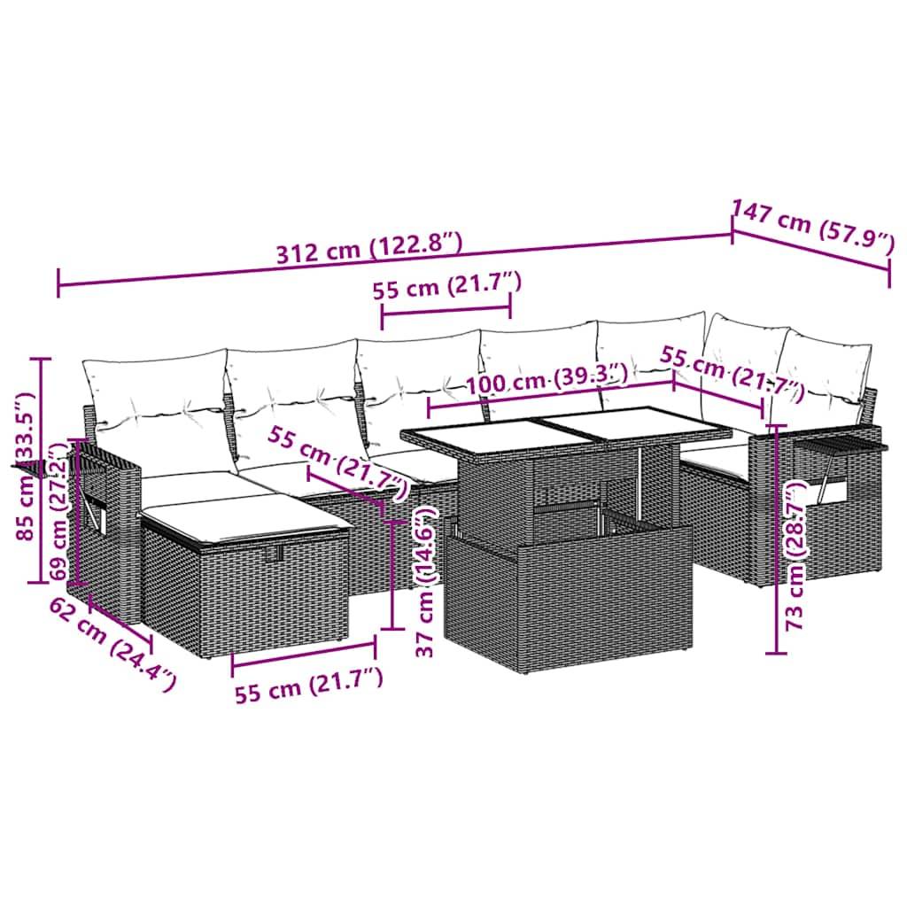 vidaXL 8-teiliges Gartensofa-Set mit Kissen, schwarzes Polyrattan