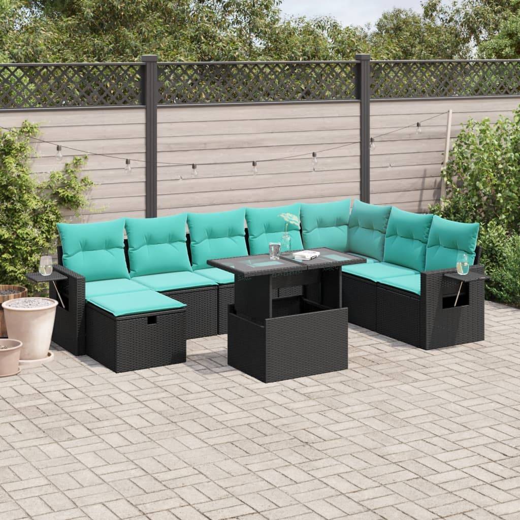 vidaXL 9-teiliges Gartensofa-Set mit Kissen, schwarzes Polyrattan