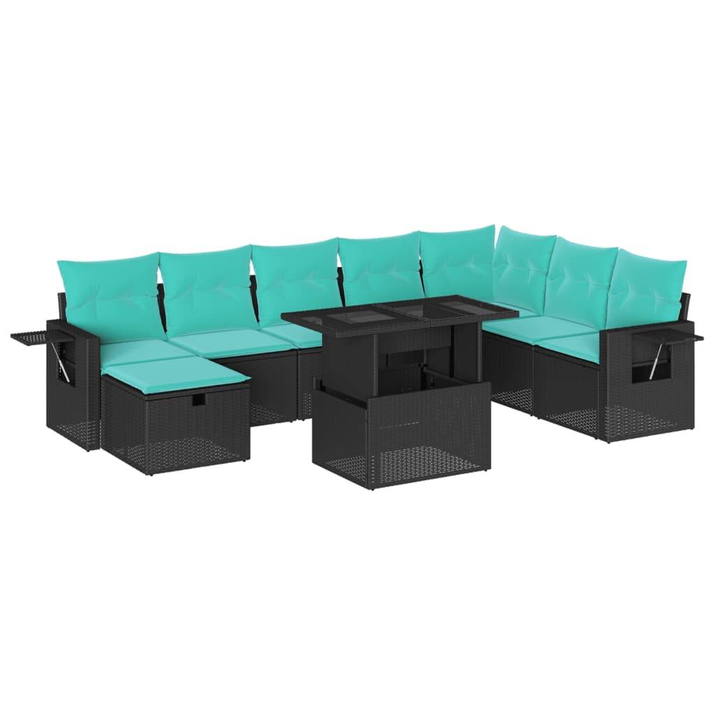 vidaXL 9-teiliges Gartensofa-Set mit Kissen, schwarzes Polyrattan
