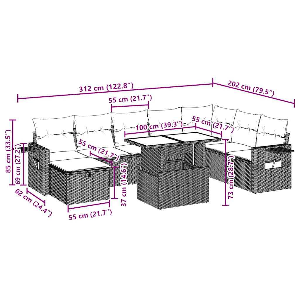 vidaXL 9-teiliges Gartensofa-Set mit Kissen, schwarzes Polyrattan
