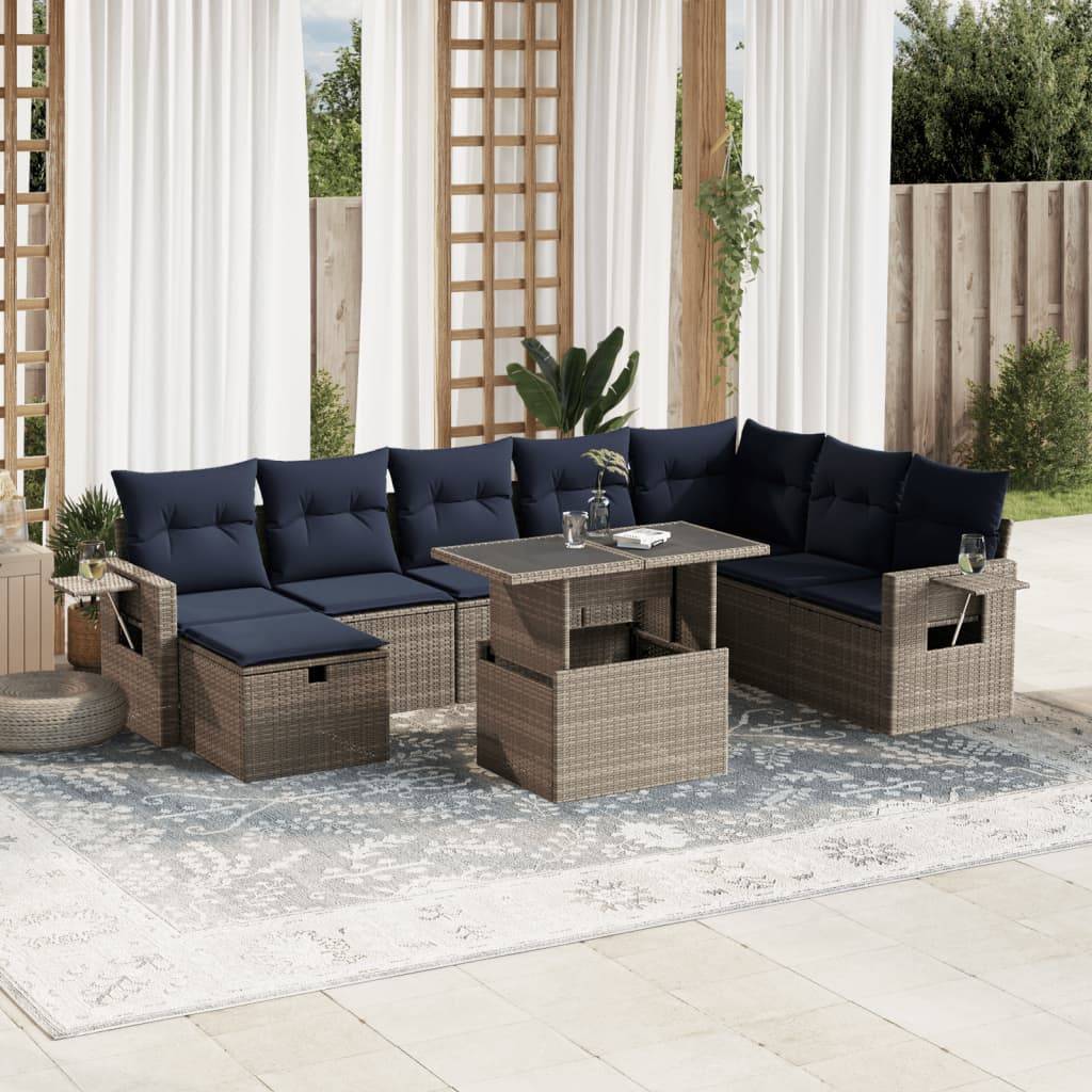 vidaXL 9-teiliges Gartensofa-Set mit Kissen, grau, Polyrattan