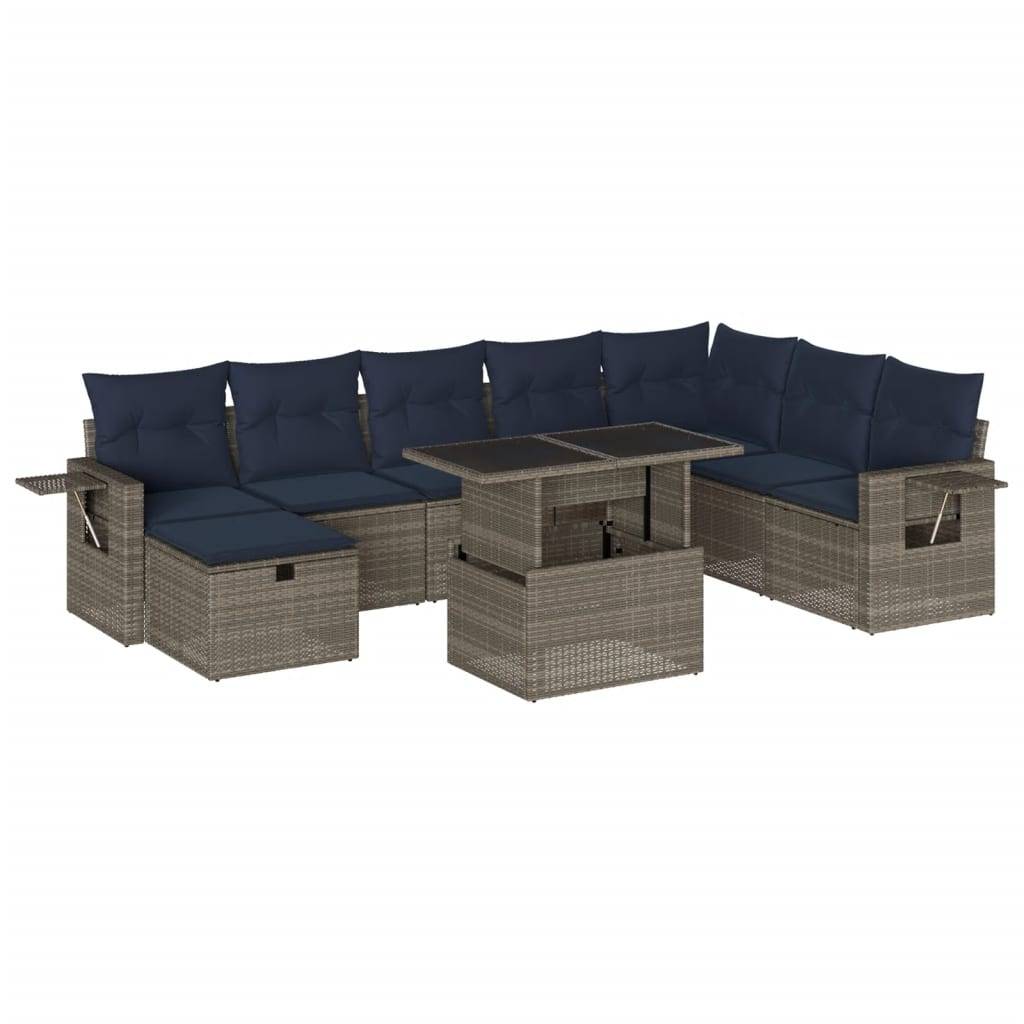 vidaXL 9-teiliges Gartensofa-Set mit Kissen, grau, Polyrattan