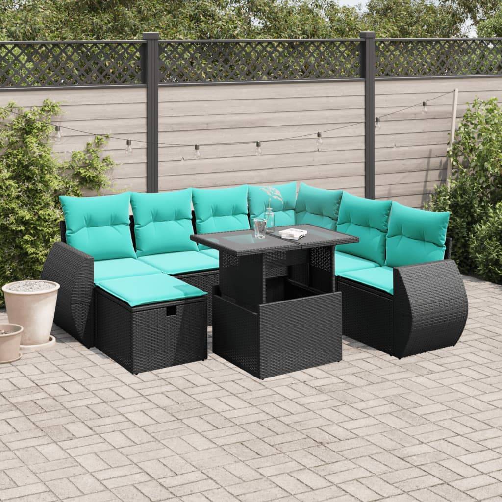 vidaXL 8-teiliges Gartensofa-Set mit Kissen, schwarzes Polyrattan
