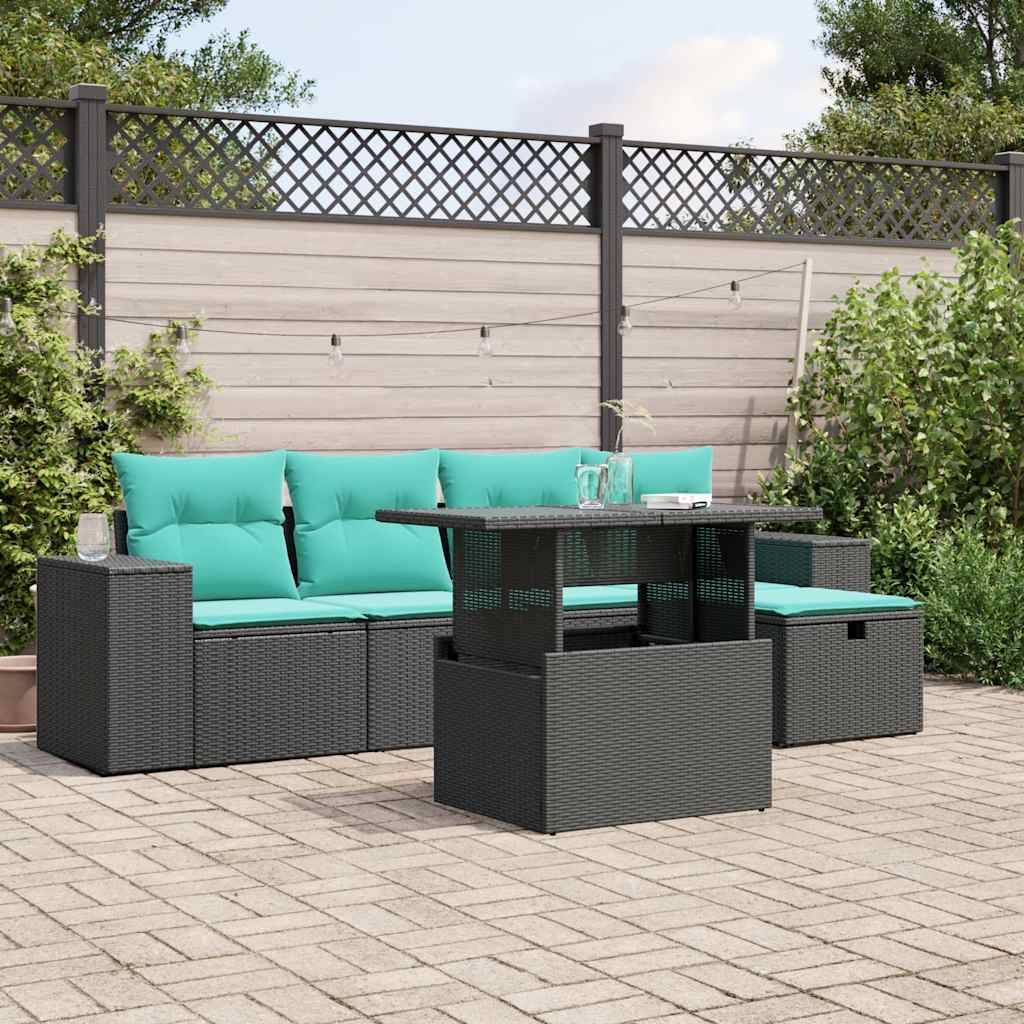 vidaXL 6-teiliges Gartensofa-Set mit Kissen, schwarzes Polyrattan