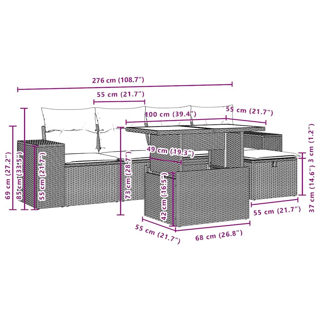 vidaXL 6-teiliges Gartensofa-Set mit Kissen, braun, Polyrattan