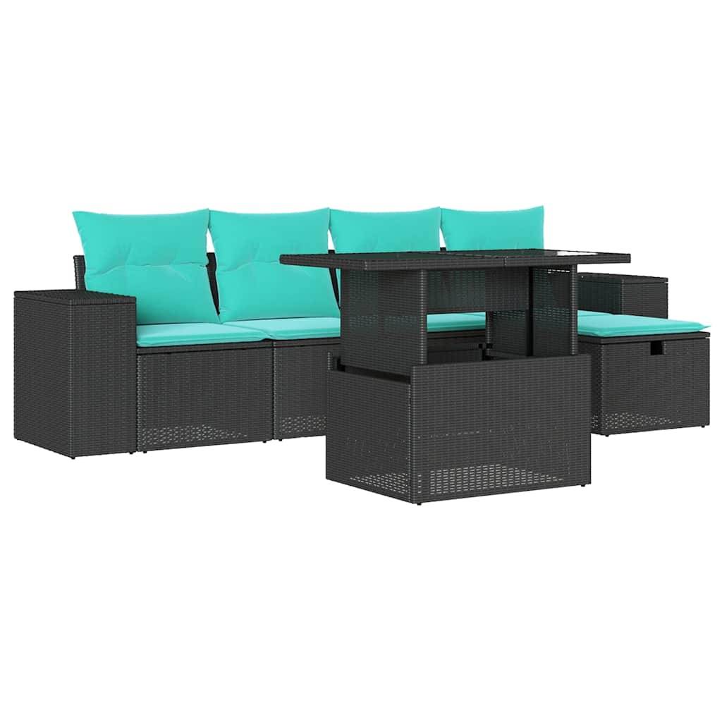 vidaXL 6-teiliges Gartensofa-Set mit Kissen, schwarzes Polyrattan