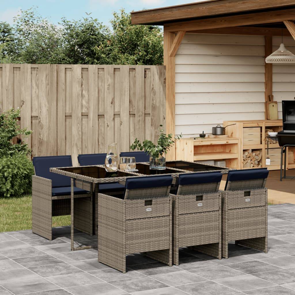 vidaXL 7-teiliges Garten-Ess-Set mit Kissen, grau, Polyrattan
