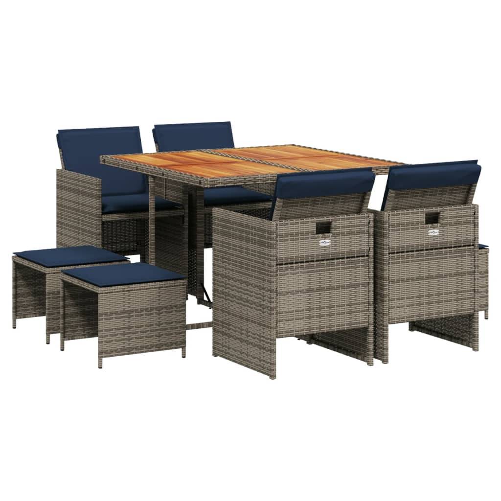 vidaXL 9-teiliges Garten-Ess-Set mit Kissen, grau, Polyrattan