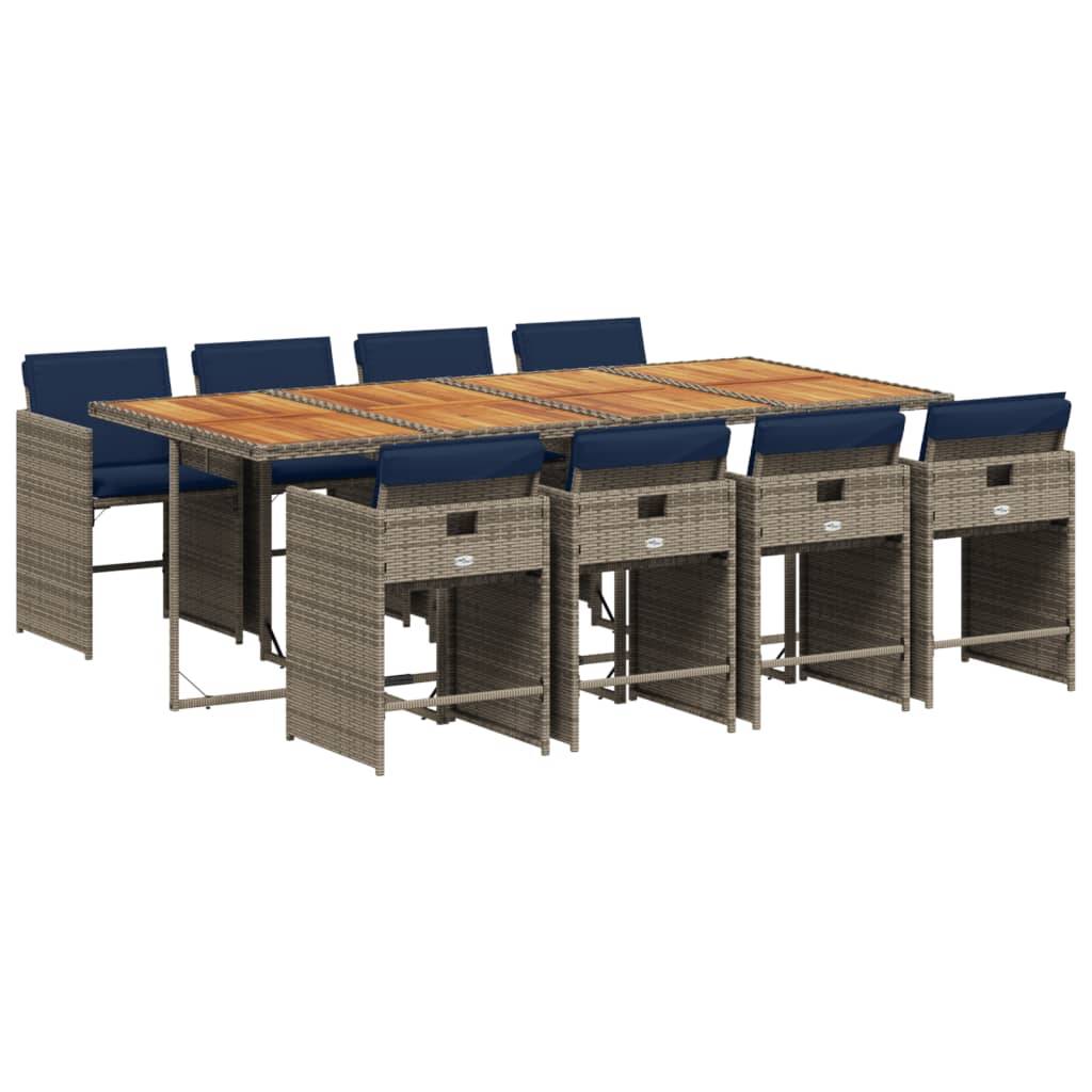 vidaXL 9-teiliges Garten-Ess-Set mit Kissen, grau, Polyrattan