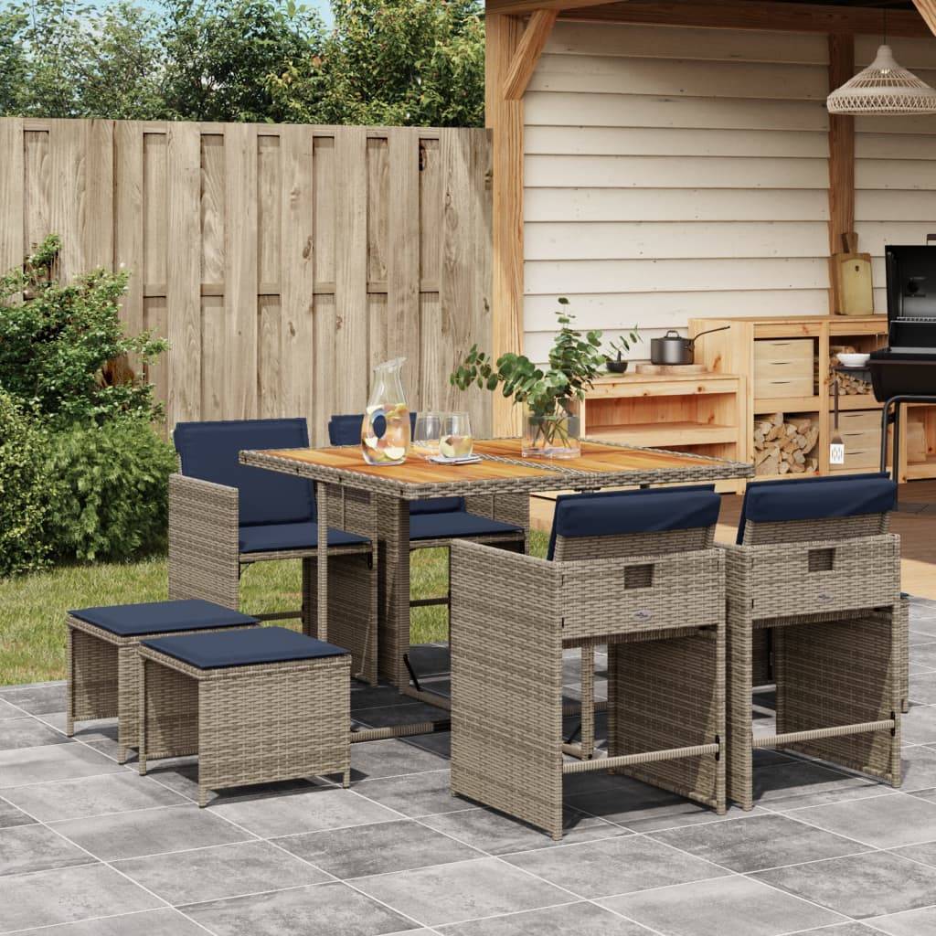 vidaXL 9-teiliges Garten-Ess-Set mit Kissen, grau, Polyrattan