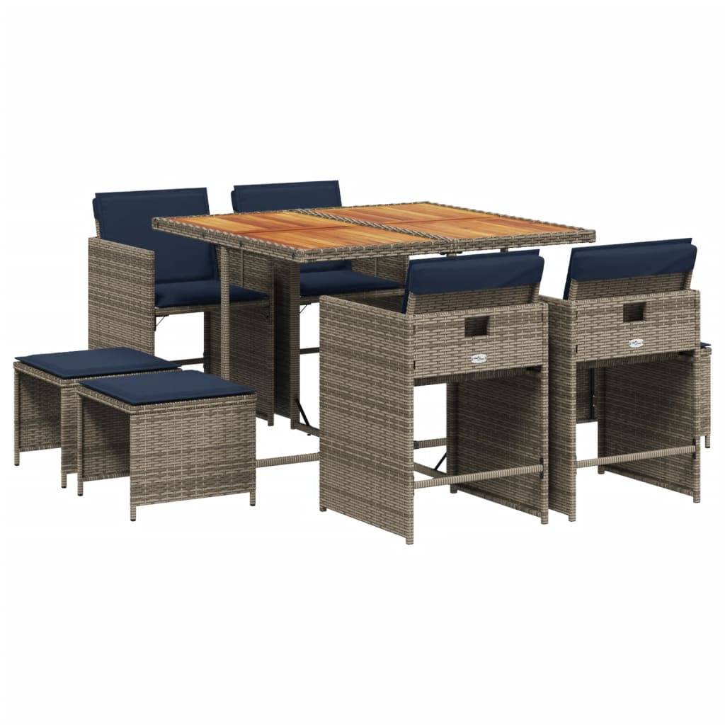 vidaXL 9-teiliges Garten-Ess-Set mit Kissen, grau, Polyrattan