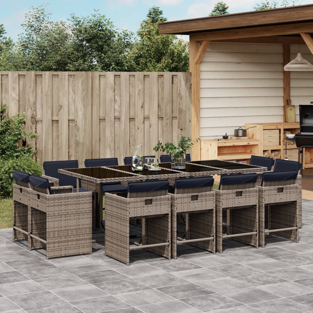 vidaXL 13-teiliges Garten-Ess-Set mit Kissen, grau, Polyrattan