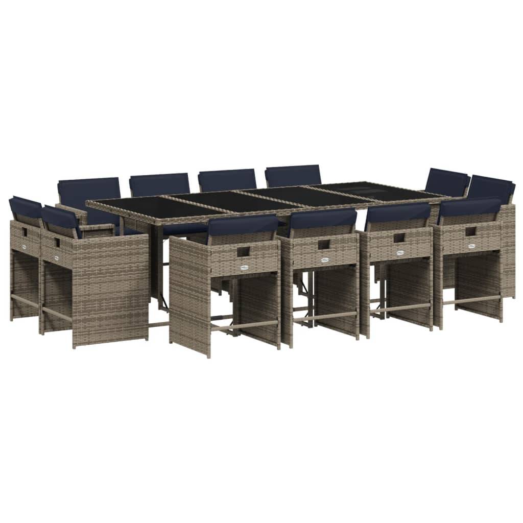 vidaXL 13-teiliges Garten-Ess-Set mit Kissen, grau, Polyrattan