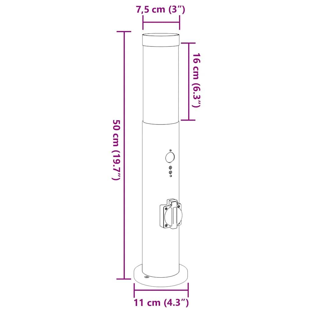 Eine Darstellung eines zylindrischen Objekts mit Abmessungen: 50 cm Höhe, 7,5 cm Durchmesser und Basisbreite von 11 cm. Ausgestattet mit einem Knopf und einem Anschlussport.