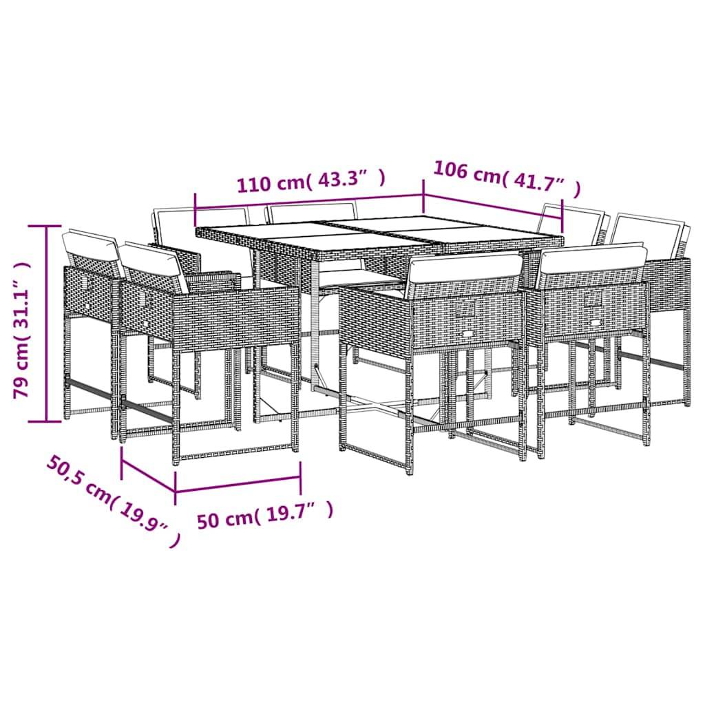 Abmessungen des Rattanessgarnitur wie abgebildet: Tisch - 110 cm Länge, 106 cm Breite, 79 cm Höhe. Stühle - 50,5 cm Tiefe, 50 cm Breite.