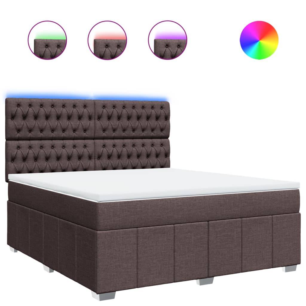 Ein gepolstertes Bett mit Stoffbezug und RGB-LED-Hintergrundbeleuchtungsoption. Drei Farbmodi werden oben angezeigt: Rosa, Lila und Weiß.
