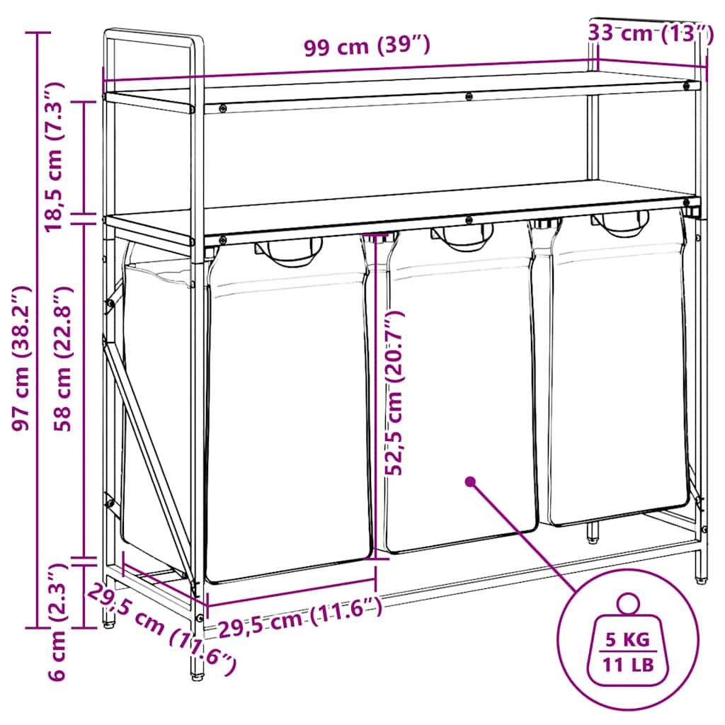 vidaXL Wäschekorb 3 Fächer mit Ablagen Grau Sonoma
