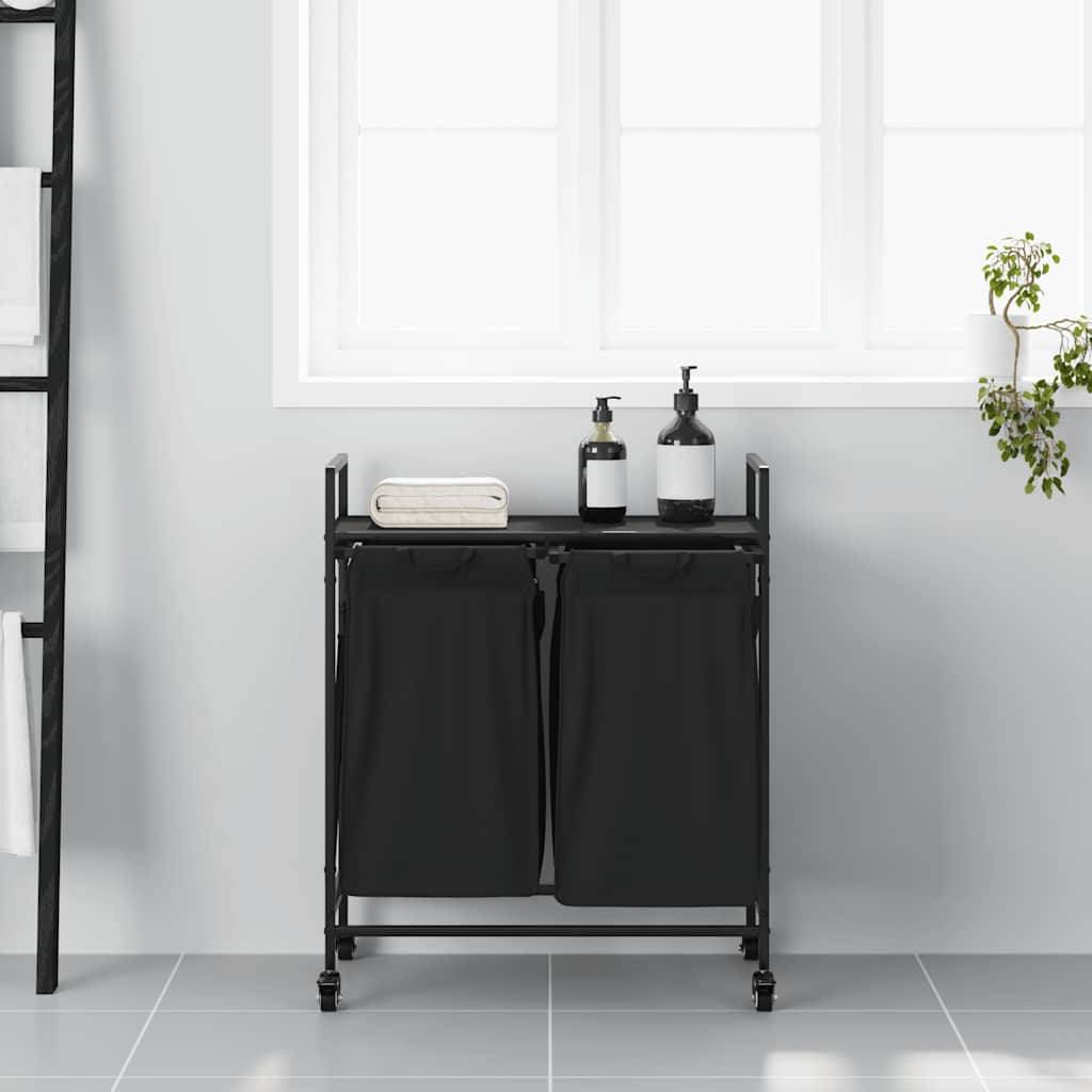 vidaXL Wäschekorb 2 Fächer mit Rädern Schwarze Eiche