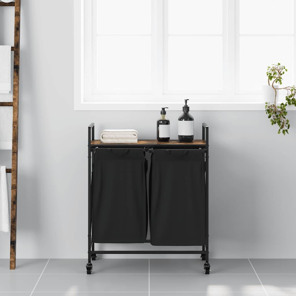 vidaXL Wäschekorb 2 Fächer mit Rollen Räuchereiche