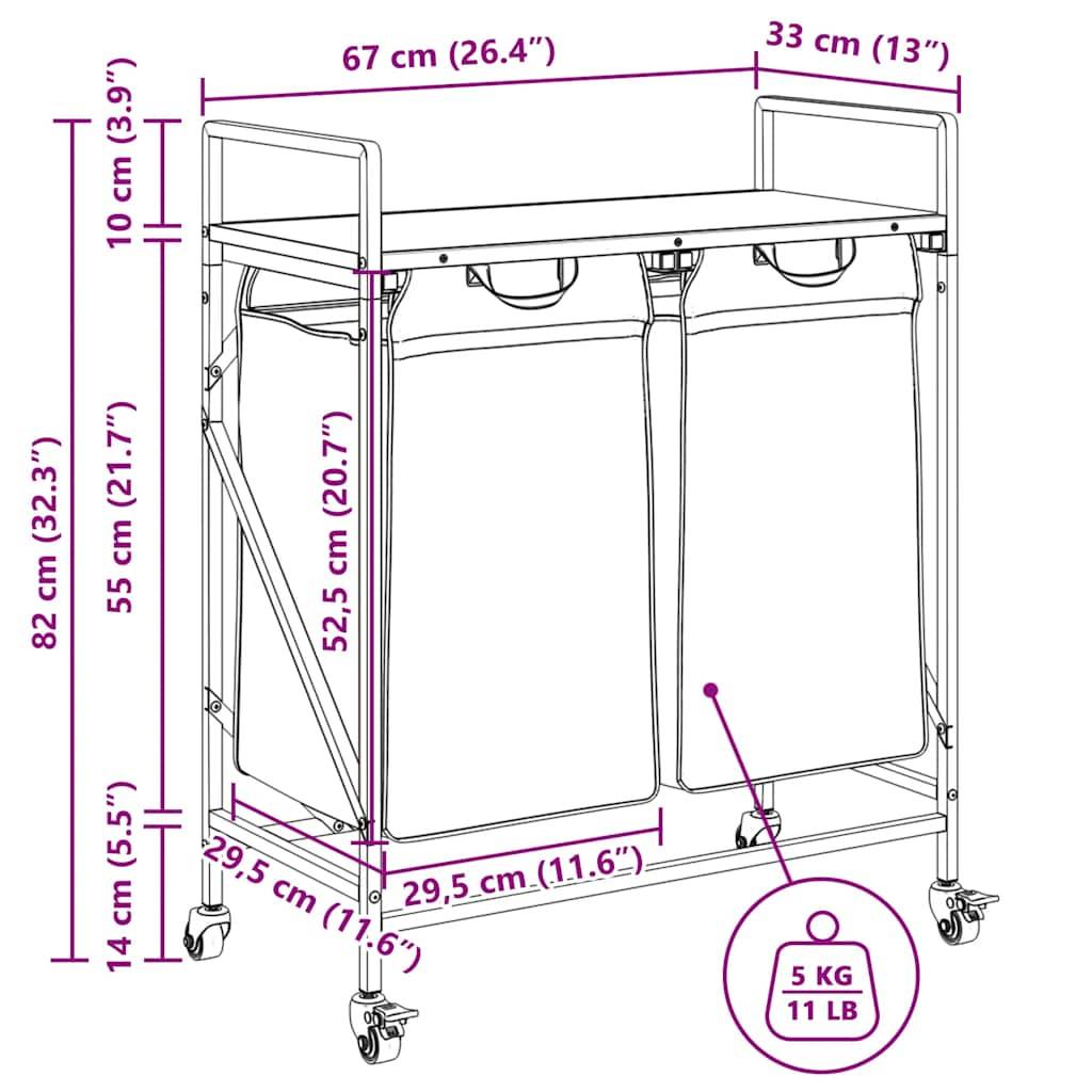 vidaXL Wäschekorb 2 Fächer mit Rollen Räuchereiche