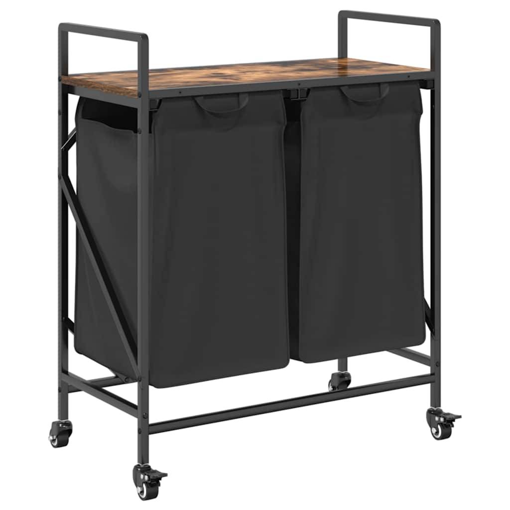 vidaXL Wäschekorb 2 Fächer mit Rollen Räuchereiche