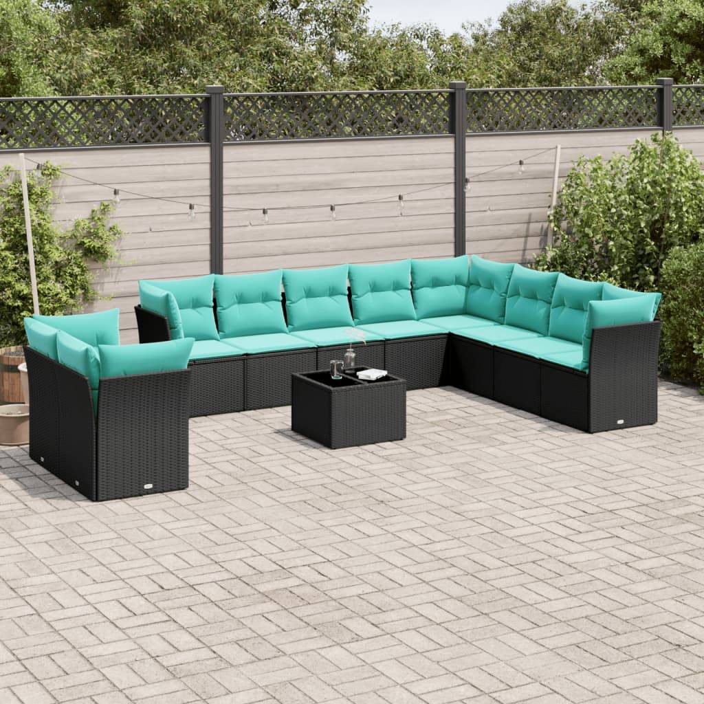 vidaXL 11-teiliges Gartensofa-Set mit Kissen, schwarzes Polyrattan