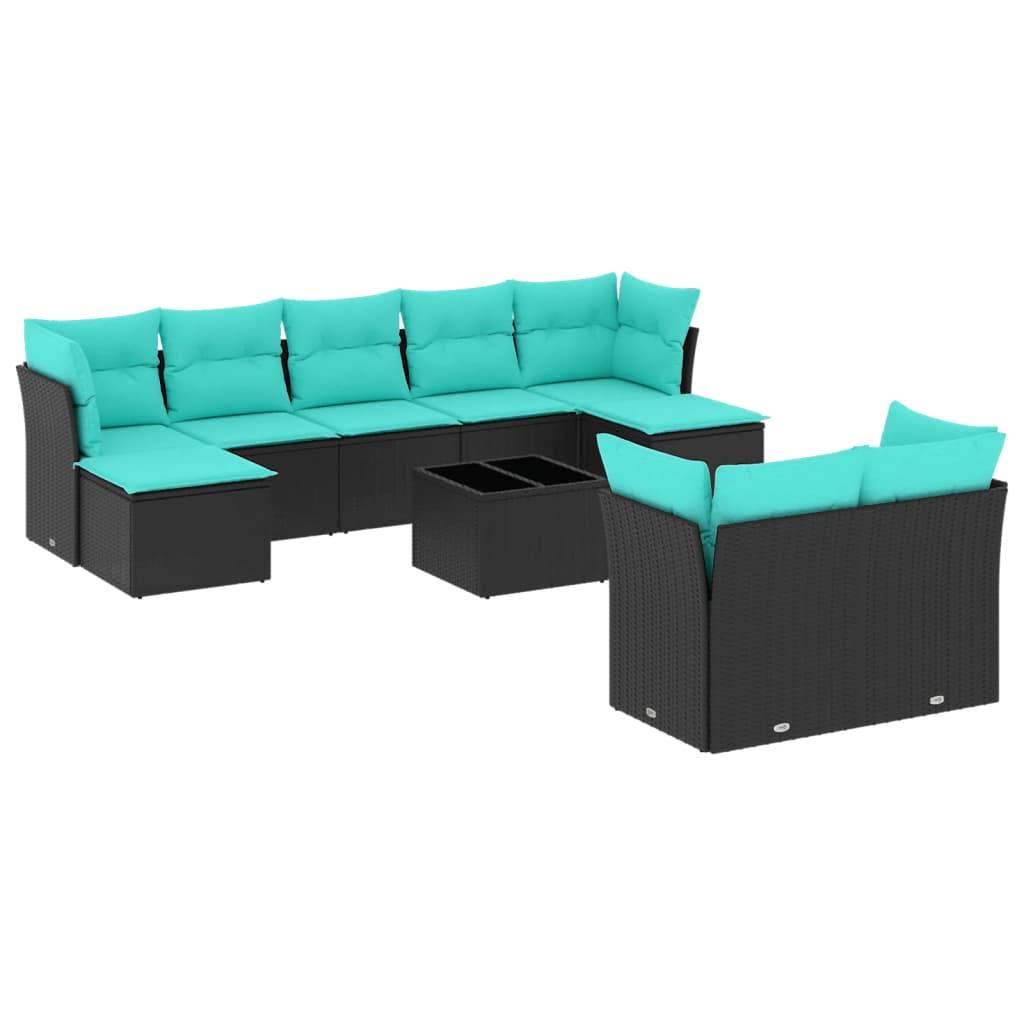vidaXL 10-teiliges Gartensofa-Set mit Kissen, schwarzes Polyrattan