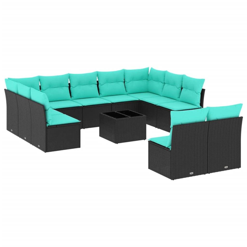 vidaXL 12-teiliges Gartensofa-Set mit Kissen, schwarzes Polyrattan