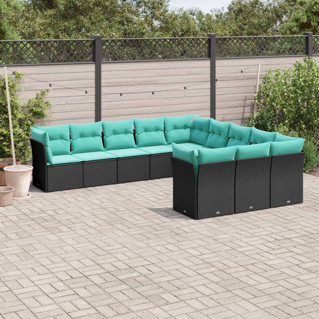 vidaXL 11-teiliges Gartensofa-Set mit Kissen, schwarzes Polyrattan