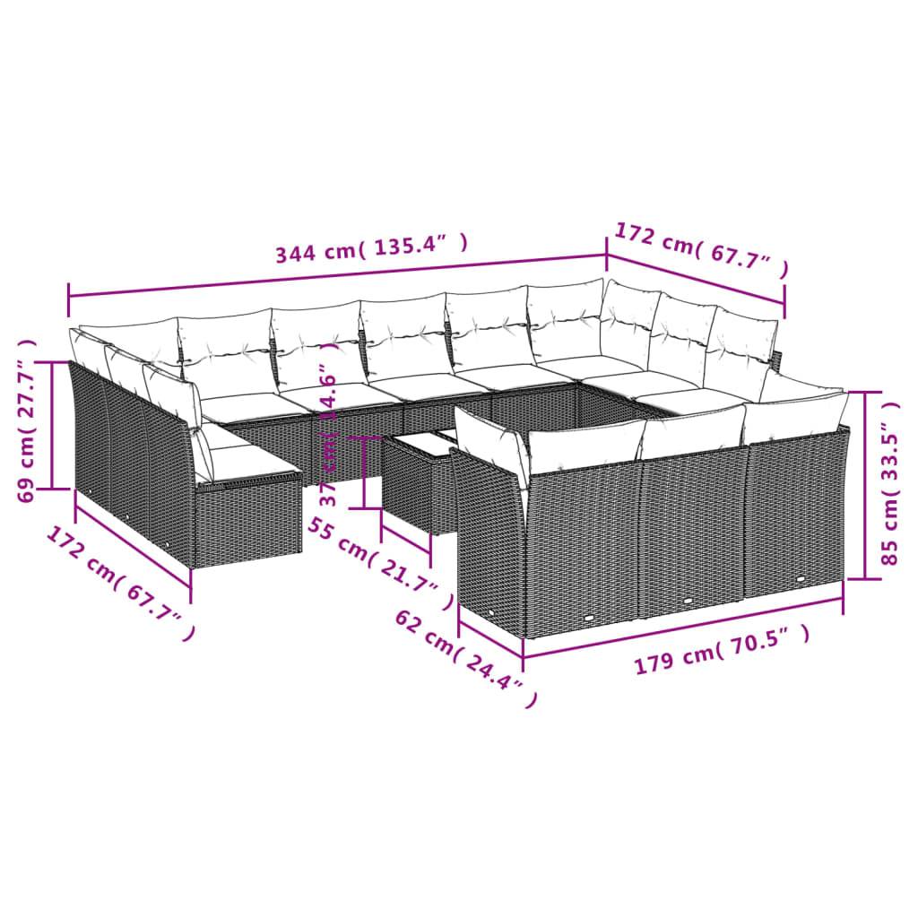 vidaXL 14-teiliges Gartensofa-Set mit Kissen, braun, Polyrattan
