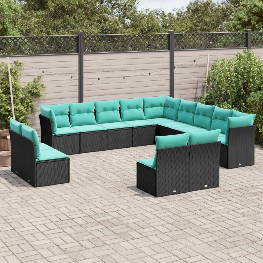 vidaXL 13-teiliges Gartensofa-Set mit Kissen, schwarzes Polyrattan