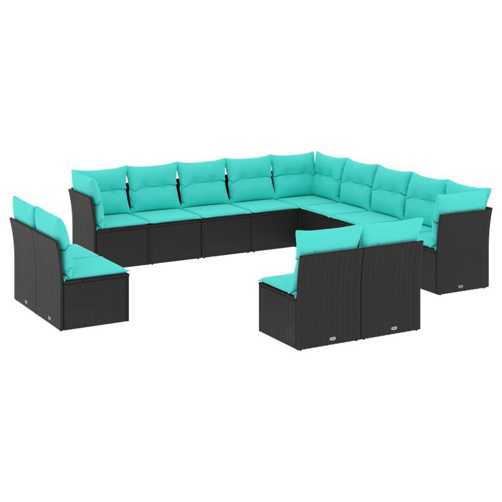 vidaXL 13-teiliges Gartensofa-Set mit Kissen, schwarzes Polyrattan