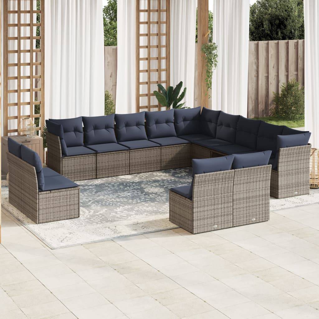 vidaXL 13-teiliges Gartensofa-Set mit Kissen, grau, Polyrattan
