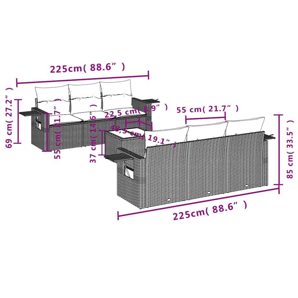 vidaXL 7-teiliges Gartensofa-Set mit Kissen, schwarzes Polyrattan
