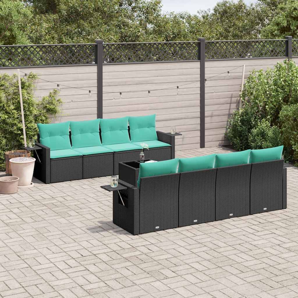 vidaXL 9-teiliges Gartensofa-Set mit Kissen, schwarzes Polyrattan