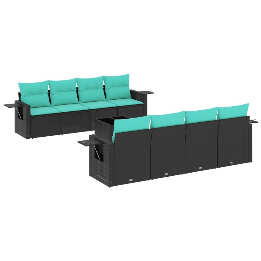 vidaXL 9-teiliges Gartensofa-Set mit Kissen, schwarzes Polyrattan