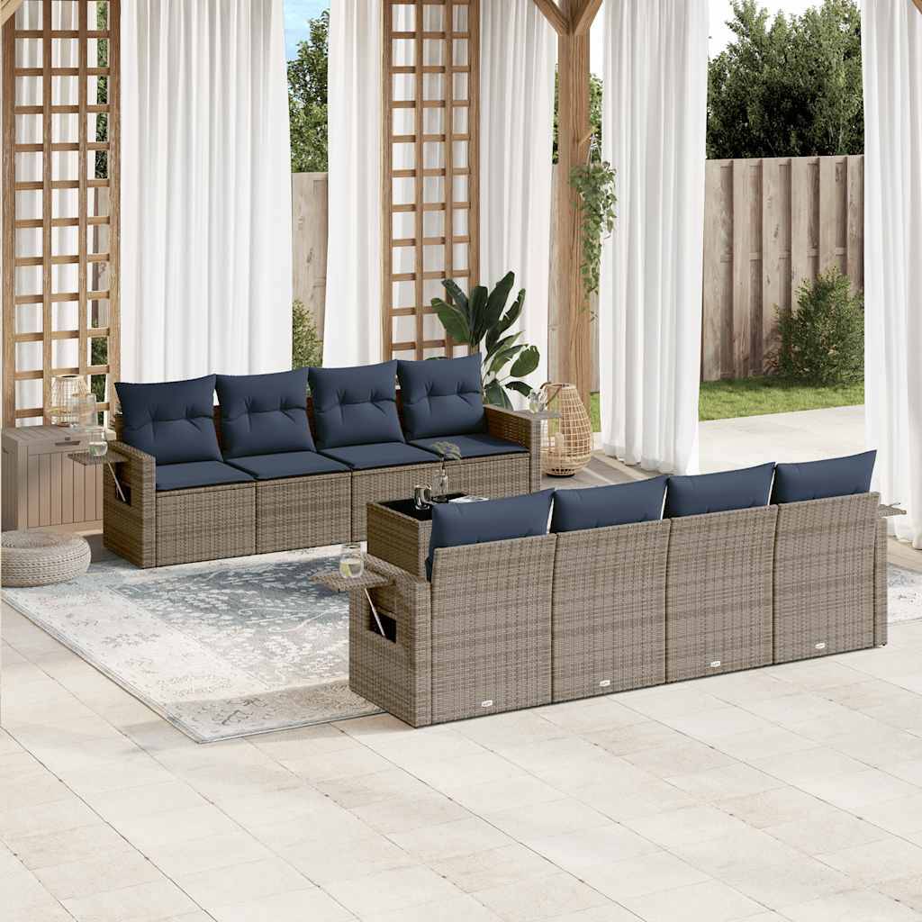 vidaXL 9-teiliges Gartensofa-Set mit Kissen, grau, Polyrattan