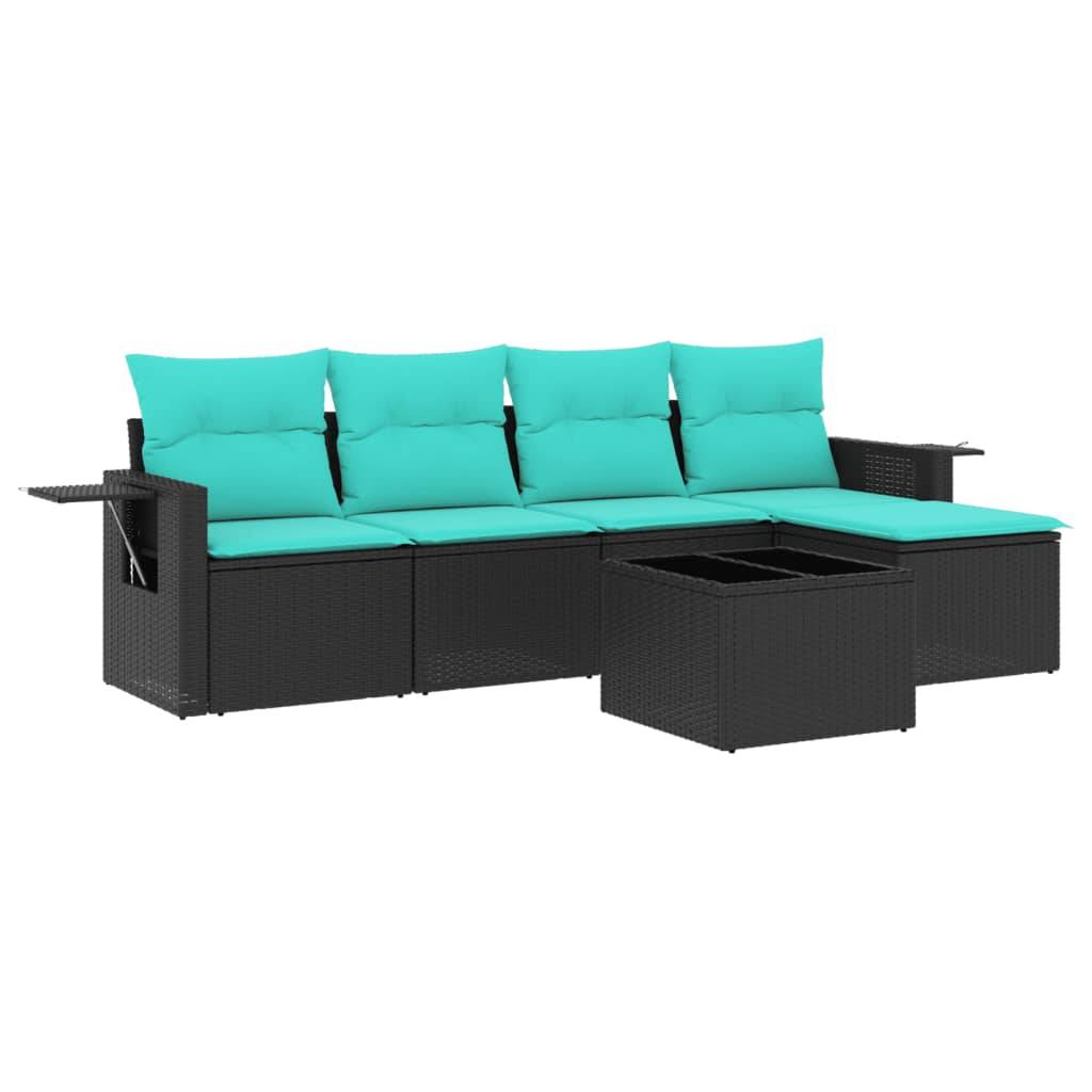 vidaXL 6-teiliges Gartensofa-Set mit Kissen, schwarzes Polyrattan