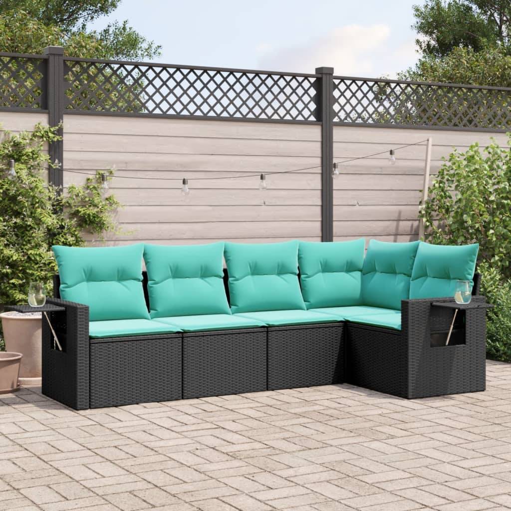 vidaXL 5-teiliges Gartensofa-Set mit Kissen, schwarzes Polyrattan