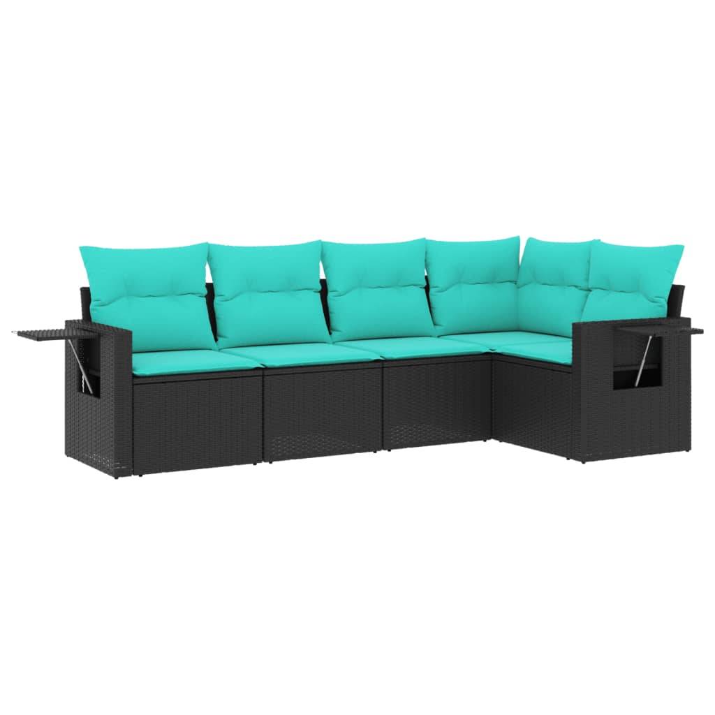 vidaXL 5-teiliges Gartensofa-Set mit Kissen, schwarzes Polyrattan